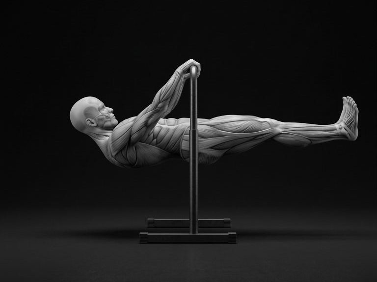Anatomical figure holding a front lever on a bar